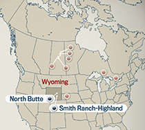 North America map showing location of Smith Ranch-Highland and North Butte properties