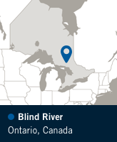 North America map showing location of Blind River refinery