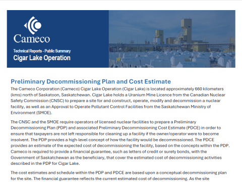 Cigar Lake-Preliminary Decommissioning Plan Summary